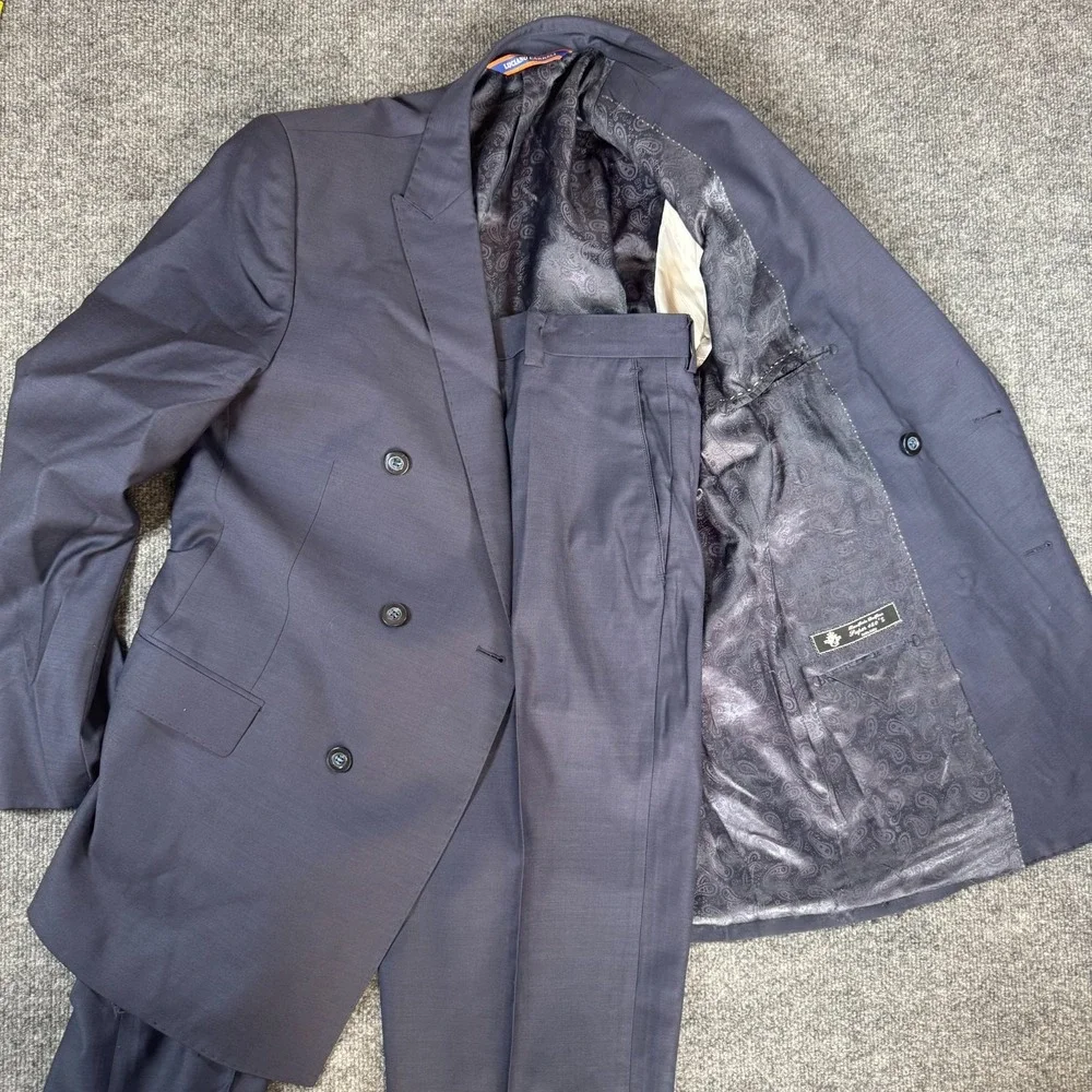 Luciano Carreli Suit Men 38R Navy Blue Super 150s Wool Double Breasted Pleated